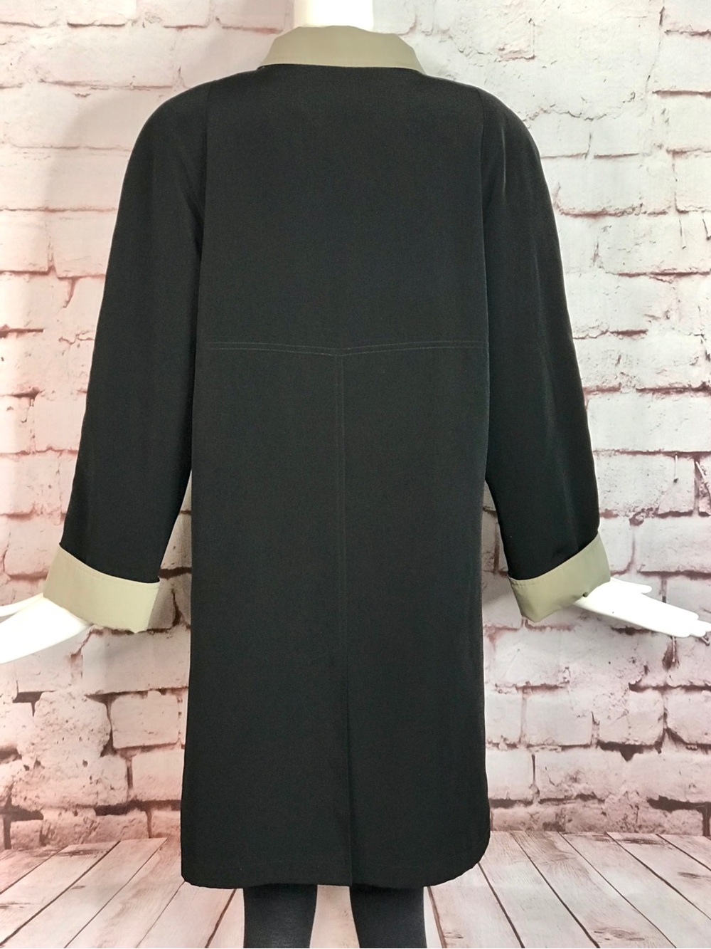 GALLERY Black & Taupe Trench Coat Raincoat detach Hood Size Medium 37” Length - Picture 15 of 16